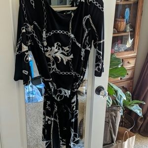 Black, white, tan chain print dress